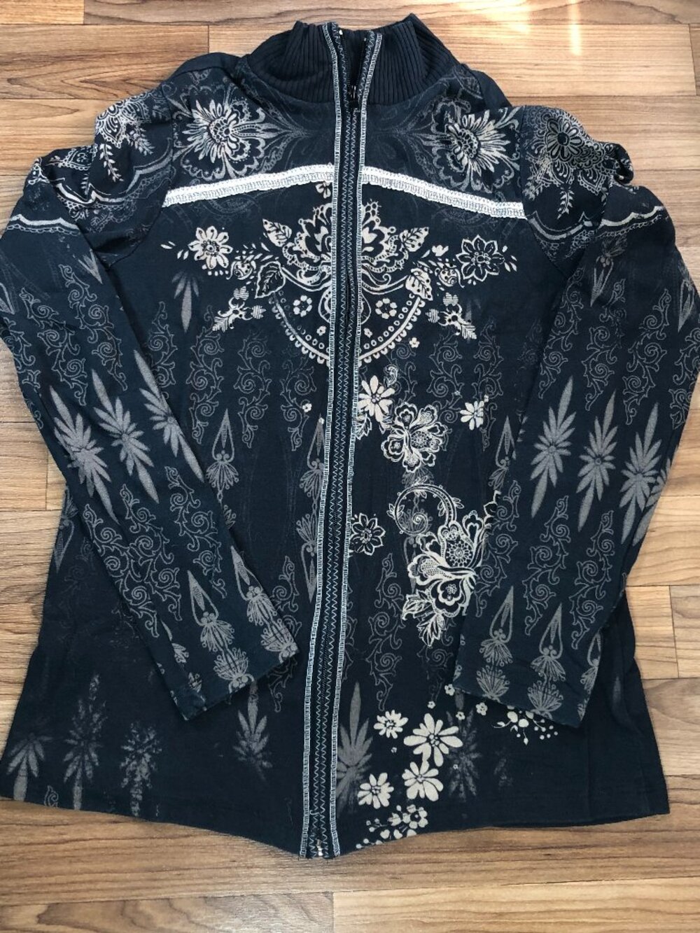 Skinny Minnie Jacket Womens M Navy Bling Floral Zip Up Y2K Long Sleeve Cotton